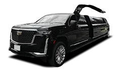 Extended black stretch limousine with raised door, made for grand entrances.