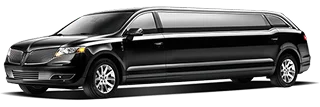 Black stretch limousine, appearing to be a Lincoln MKT or similar model, against a plain beige background.