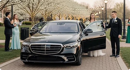 A luxury black Mercedes sedan is parked as a bride steps out, surrounded by guests in gowns and tuxedos beneath lit trees.