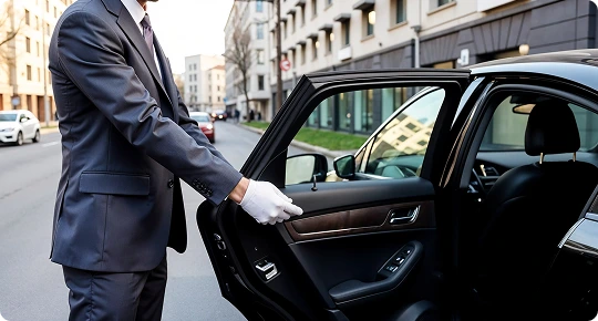 Professional chauffeur in a suit and white gloves opening the rear door of a black luxury sedan on a city street