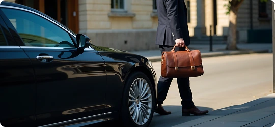 Business professional carrying a leather briefcase and walking toward a black luxury sedan parked curbside