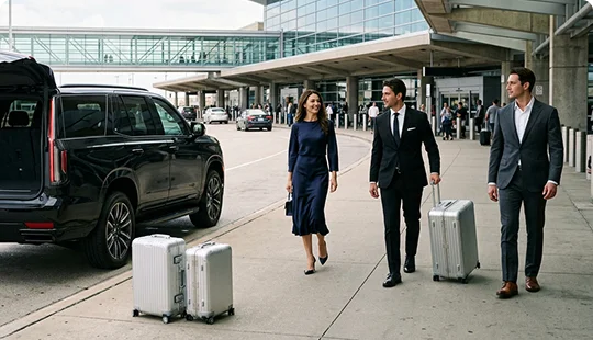 Three well-dressed business travelers walking together along an airport sidewalk with rolling luggage. A black luxury SUV stands parked nearby with its trunk open, set against a modern airport terminal building.