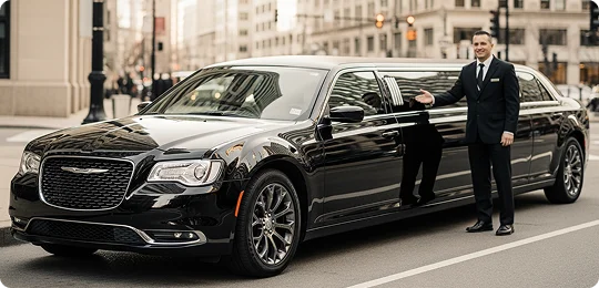 A professional chauffeur in a black suit, white shirt, and green tie stands next to a black stretch Chrysler 300 limousine, gesturing toward the back door. The vehicle is parked on a city street, with tall buildings and traffic lights visible in the background.