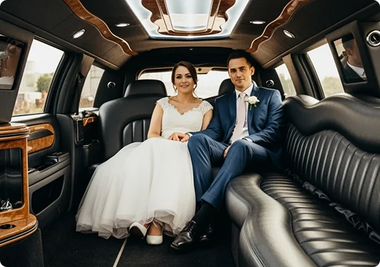A happy bride and groom, dressed in a white wedding gown and a blue suit, are seated together in the back of a luxury stretch limousine. The interior features black leather bench seating, wood trim accents, and ambient lighting in the ceiling. The couple is looking directly at the camera.