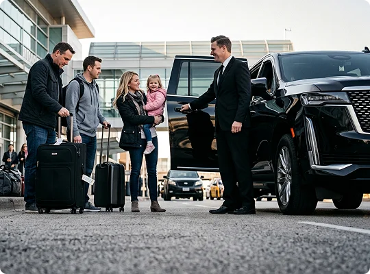 A professional chauffeur in a suit opens the door of a black luxury SUV for a smiling family with luggage outside an airport terminal. The mother holds a young child while two men manage suitcases beside the vehicle on the curbside.