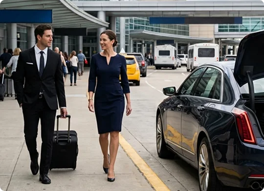 A man in a suit pulling a suitcase walks alongside a woman in a dark dress near an airport terminal. A black luxury car with an open trunk is parked curbside next to them with airport shuttles in the background.