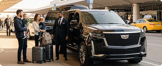 A smiling chauffeur welcomes a young family with two kids and luggage near a Cadillac SUV at the terminal curb.