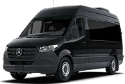 Black Mercedes Sprinter van, perfect for group travel with ample cabin space.