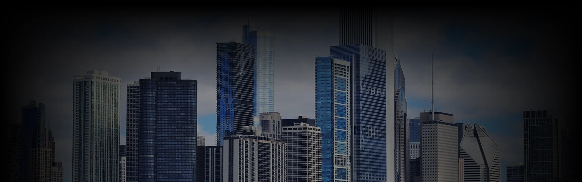 Chicago skyline with modern high-rise buildings and skyscrapers, serving as the backdrop for a luxury chauffeur service booking interface