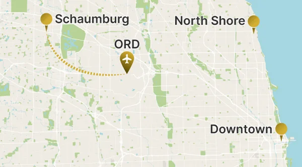 A map showing the Chicago metropolitan area with a dotted line route connecting ORD (O'Hare International Airport, marked with an airplane icon) to Schaumburg to the west. North Shore and Downtown Chicago are also marked as points of interest.