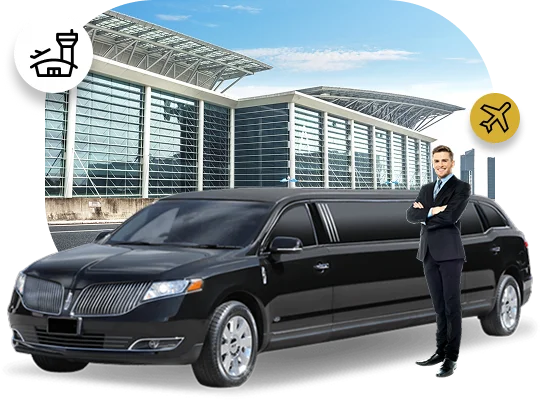 A promotional image for airport limousine service featuring a black stretch SUV limousine and a smiling chauffeur in a suit standing with his arms crossed. The background is a composite image of a modern airport terminal building with a glass facade. Two circular icons, one with an air traffic control tower and the other with an airplane, emphasize airport transportation services.