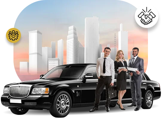 A promotional image for corporate transportation featuring a black luxury sedan or limousine. Three business professionals (two men and one woman) in formal attire stand beside the front of the vehicle. Behind them is a stylized, white skyline against a sunset-colored sky. Two icons are included: one showing a group of people/teamwork (corporate) and another showing a handshake (business/deal).