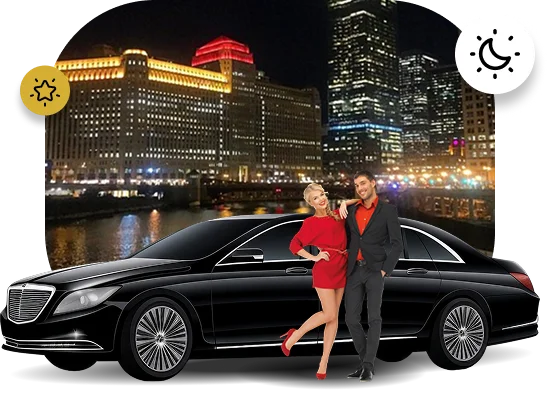 A glamorous, digitally composited image advertising nightlife transportation. A couple, the woman in a red dress and the man in a suit, poses in front of a black luxury sedan limousine. The background is a vibrant city skyline at night, featuring illuminated buildings and a river. Two icons float above: a gold star (luxury/event) and a crescent moon and stars (night).